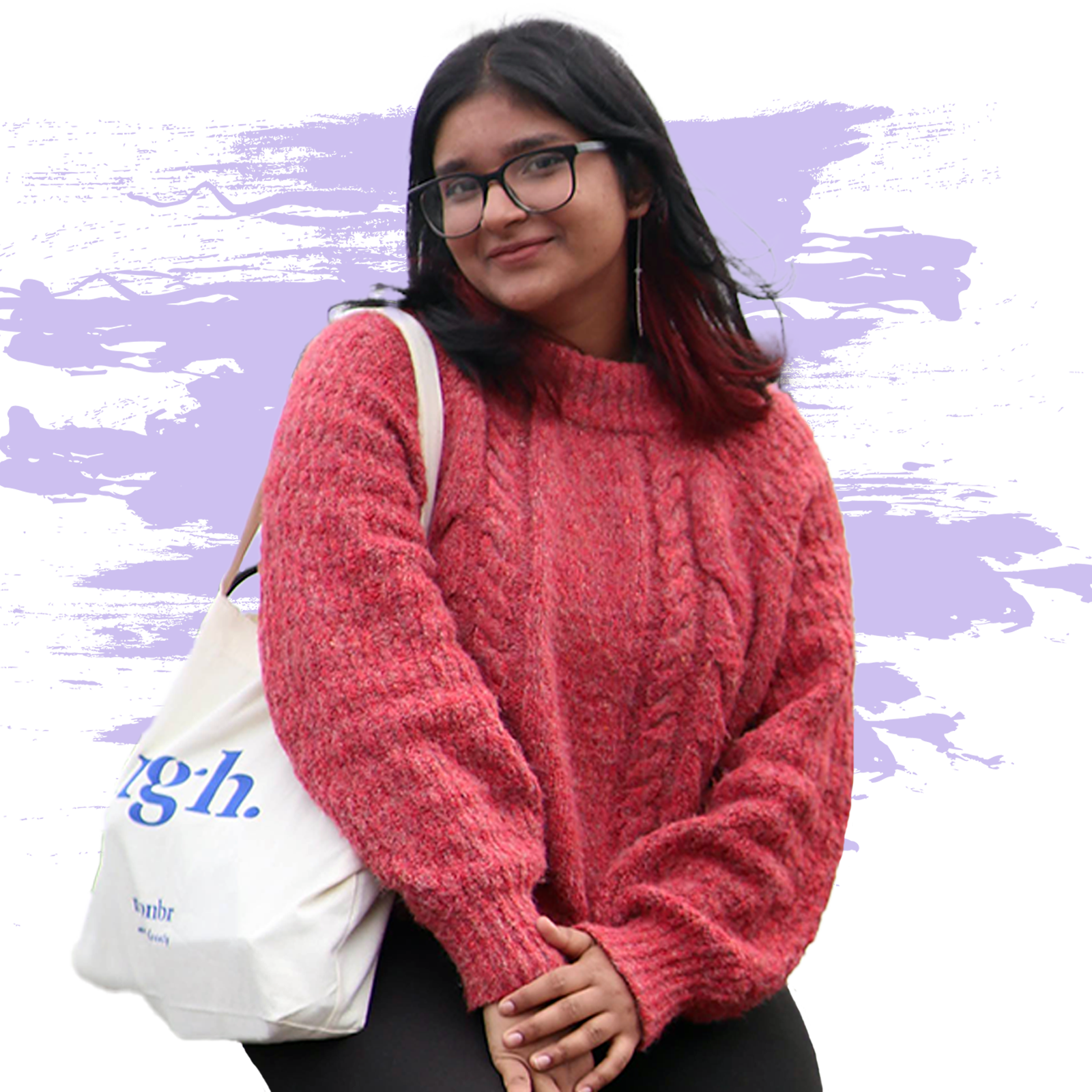 Picture of a girl in pink sweater and glasses.